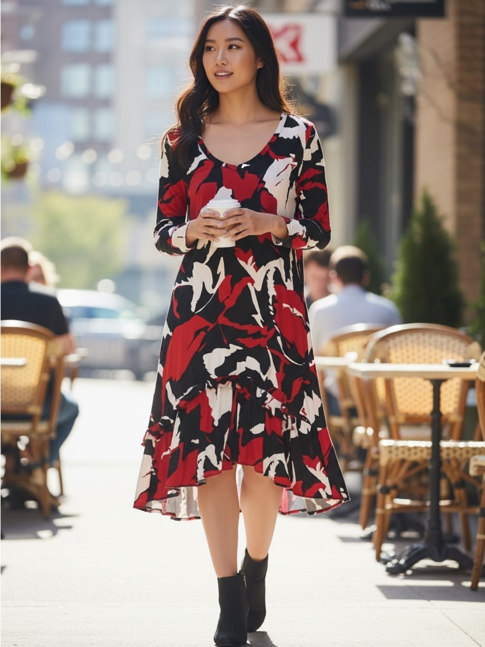 Premise Red, Black & White Abstract High-Low 2 Piece Skirt and Top